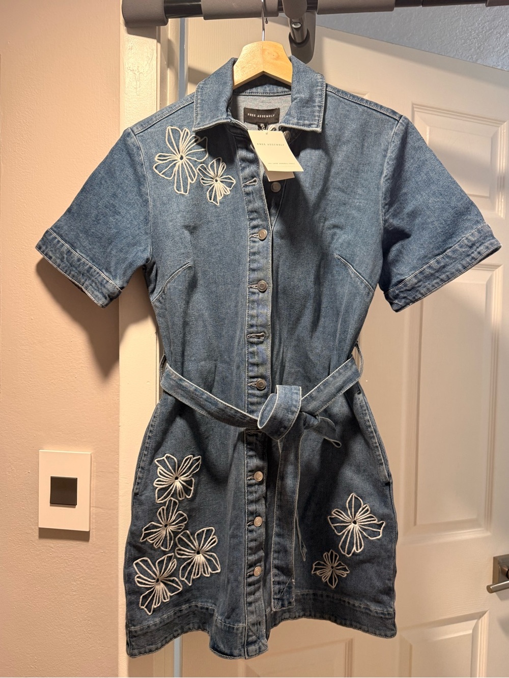 Embroidered Denim Shirt Mini Dress - Blue
